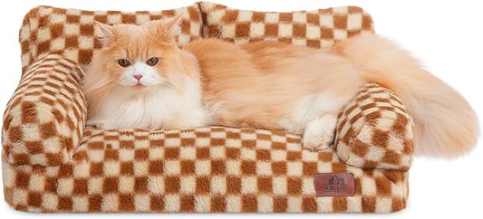 Hollypet Fluffy Plush Dog Cat Pet Couch Soft Calming Sofa Bed for Medium Small Cats and Dogs, Brown and Light Yellow
