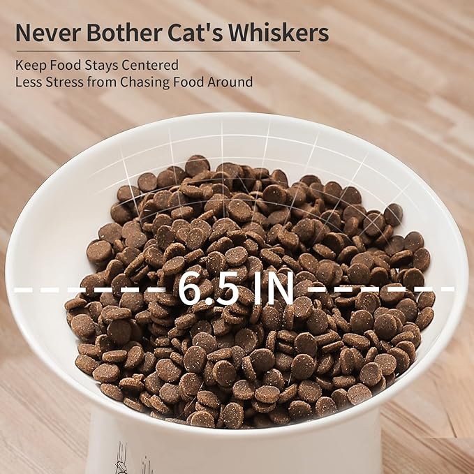 OMAYKEY 6.5 Inch Extra Wide Ceramic Raised Cat Bowls, Upgraded Elevated Porcelain Cat Food Water Bowl Dish, Stress Free Pet Feeder Bowls Dishes for Elder Big Cats & Small Dogs, White