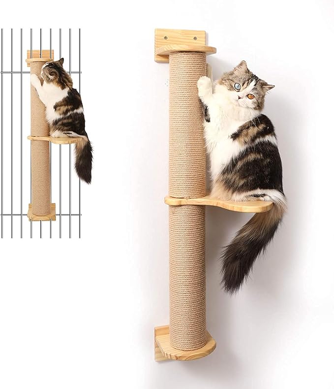 FUKUMARU Cat Activity Tree with Scratching Posts, Wall Mounted Jute Scratcher Pine Hammock