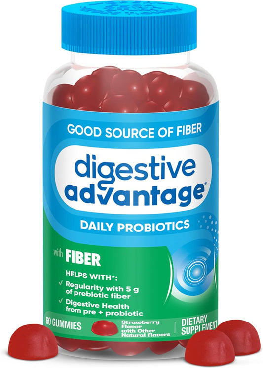 Digestive Advantage Prebiotic Fiber Gummies + Probiotics for Gut Health, 5g Prebiotic Fiber Plus 1 Billion CFU Probiotic, Supports Digestive Health & Regularity, (60ct Bottle) Strawberry Flavor*