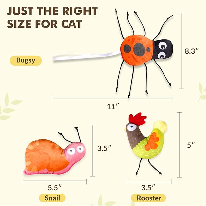 3-Pack Catnip Toys for Cats – Plush Cat Toys with Organic Catnip, Interactive Cat Toys for Indoor Cats, Snail, Rooster & Ladybug Shapes