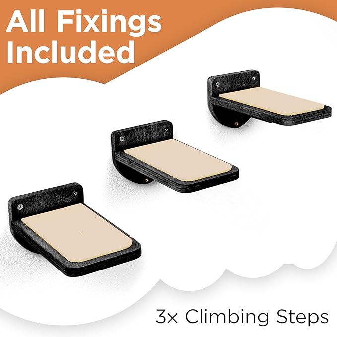 INICIO Cat Wall Stairs - Set of 3 Wall Steps for Cats to Climb with Fixtures, 9.3"x4.7" - Floating Steps for Climbing or Playing - for Kittens and Adult Cats, Black