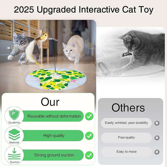 Interactive Cat Toy, Rechargeable Automatic Cat Toys for Indoor Cats, Motion Activated Hide and Seek Cat Toy with Bird Cat Wand, Moving Feather for Bored Indoor Adult Cats/Kittens