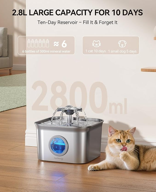 Stainless Steel Cat Water Fountain for Drinking, 99oz/2.8L Auto Pet Drinking Fountain for Cats Indoor with 20dB Ultra-Quiet Pump, 24/7 Circulation Filtration & LED Water Level Window& Dishwasher Safe