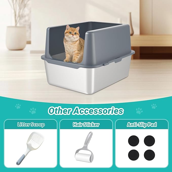 Litter Box with Lid, Stainless Steel Litter Box, 12" Metal Litter Pan High Sides, Small Litter Tray for Kittens, Cat Litter Tray Covered Grey, Easy Clean