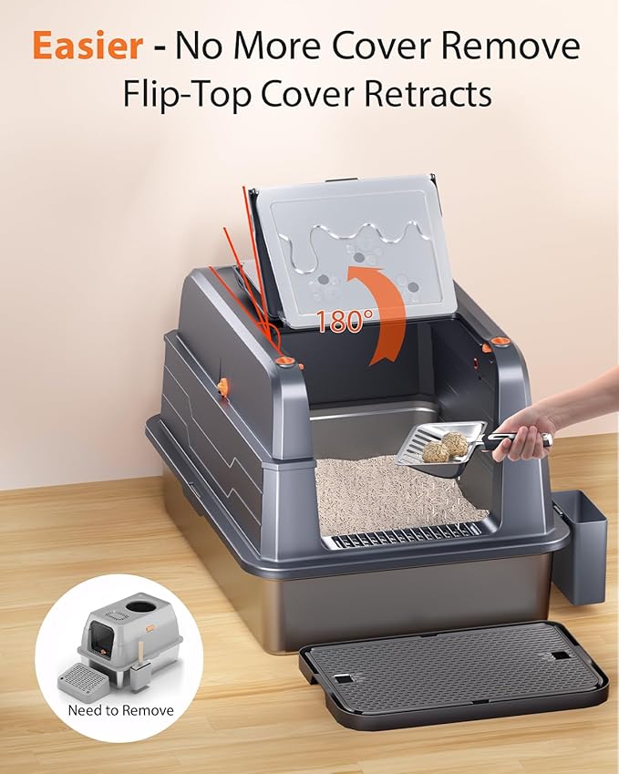 PetGenie® 2025 XXXL Stainless Steel Cat Litter Box (152L) - Leak-Proof for High Pee Cats, 180° Flip Top Lid & 3-in-1 Modes, Fits Maine Coon/Multi-Cat Homes w/Metal Scoop & Charcoal Filter