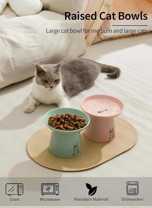 Extra Wide Elevated Ceramic Cat Bowls, 6.5 Inch Raised Pet Bowl Set for Food & Water, Whisker Fatigue Shallow Food Dish for Elder Big Cats Small Dogs, Set of 2, Green & Pink