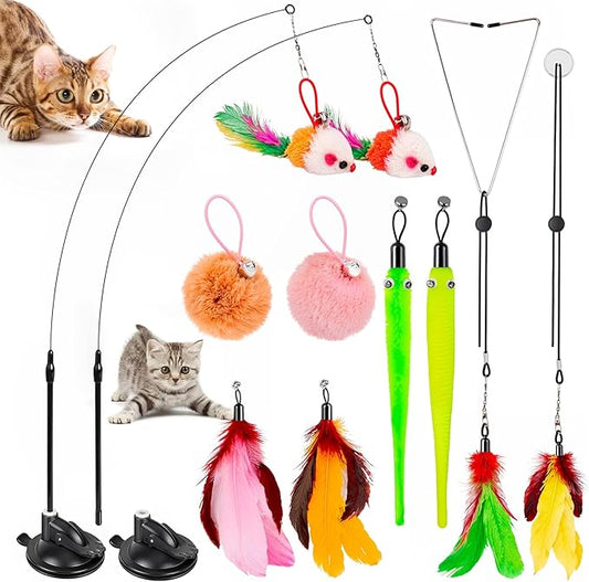 Cat Toys, 2 Pack 3 in 1 Interactive Cat Toy for Indoor Cats with Sticky Super Suction Cup Detachable 10 Pcs Replacements Feathers Balls Mice 2 Wand Hanging Door Kitten Toys