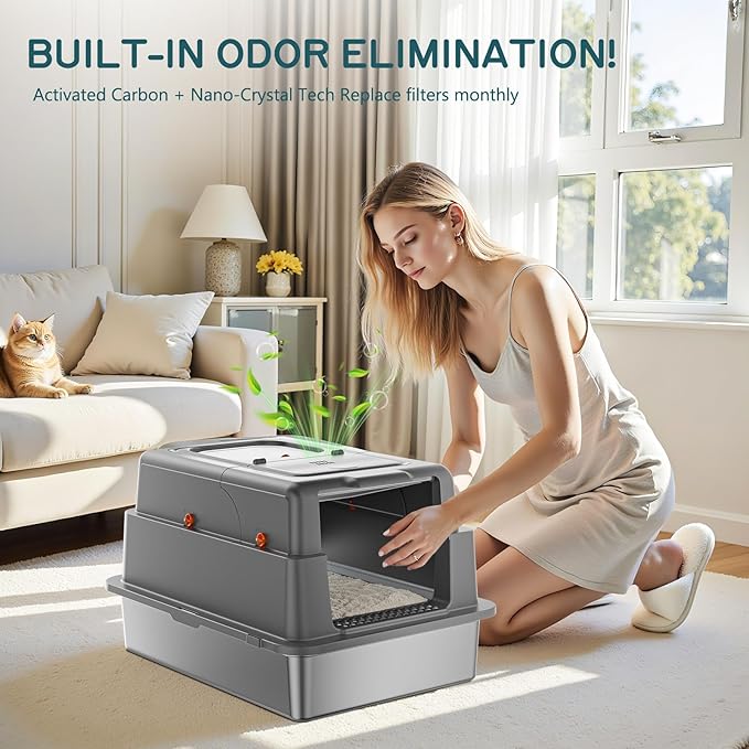 Stainless Steel Litter Box with Lid, 28" XXXL Large Cat Litter Box Enclosure for Multiple Cats, Odor Control with Carbon Filters, Anti-Leak High Sided, Includes Removable Lid & Scoop, Dark Gray