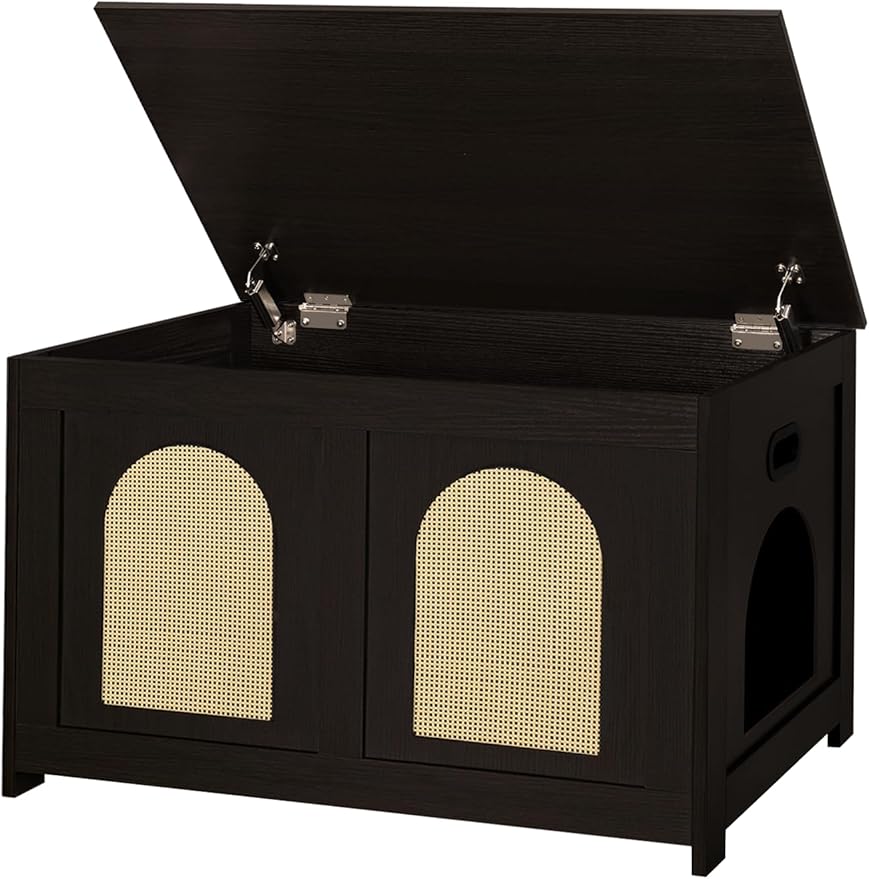 DINZI LVJ Cat Litter Box Enclosure, Flip Top Litter Box Furniture, Rattan-Like Hidden Cat Washroom, Wooden Pet House, End Side Table, 31.5"L x 19.7"W x 19.7"H, Easy to Assemble, Espresso with Rattan