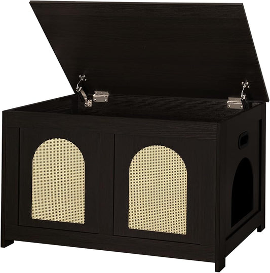 DINZI LVJ Cat Litter Box Enclosure, Flip Top Litter Box Furniture, Rattan-Like Hidden Cat Washroom, Wooden Pet House, End Side Table, 31.5"L x 19.7"W x 19.7"H, Easy to Assemble, Espresso with Rattan