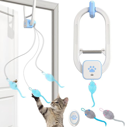Cat Toy, Upgraded Smart Interactive Cat Toys with Remote Control, USB Rechargeable Door Hanging Retractable Kitten Toy for Self Play, Teaser Electronic Feather Cat String with 3 Plush Mice