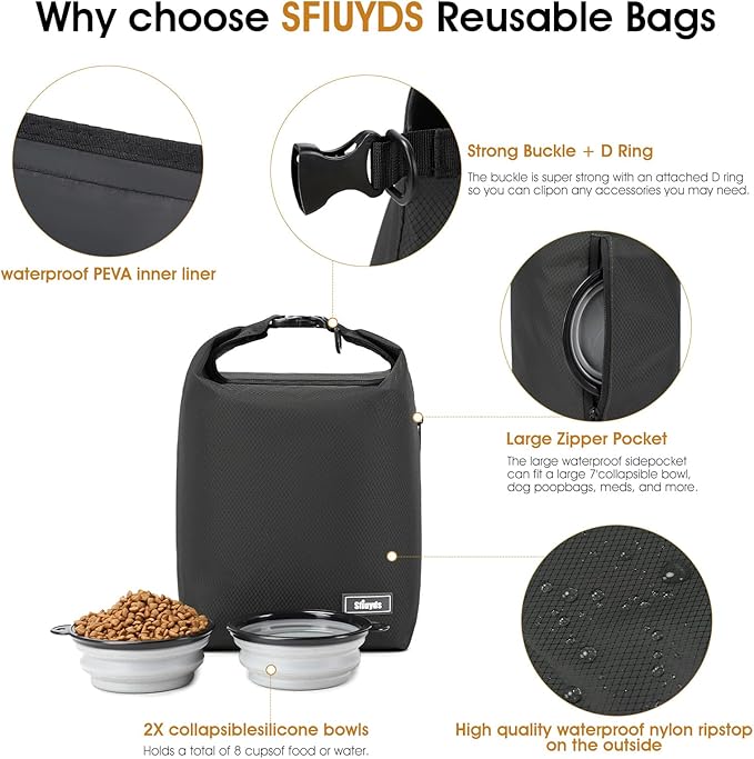 Dog Food Travel Bag,40-Cup Pet Food Storage Containers with 2PCS Collapsible Dog Travel Bowls,Waterproof Kibble Storage Container(Black, Large)