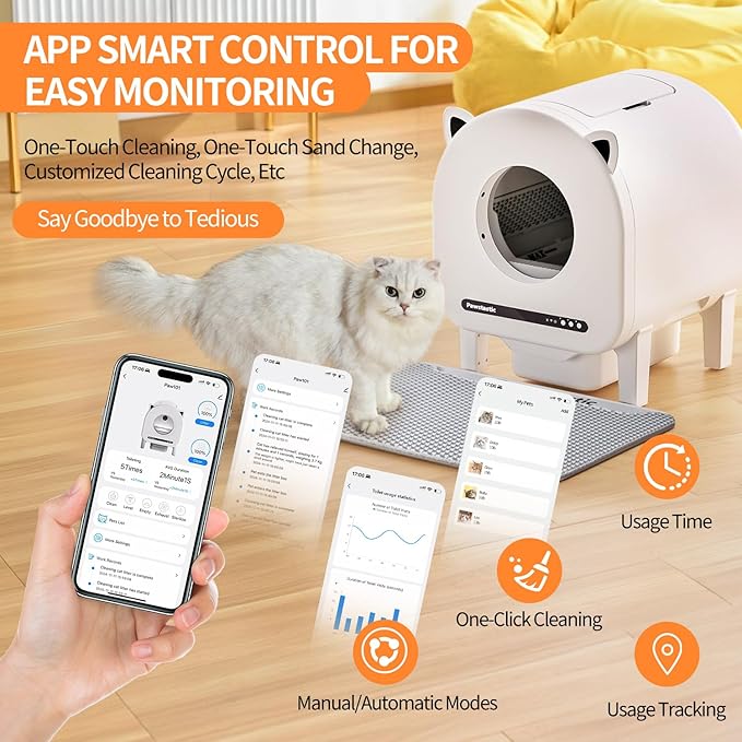 Self Cleaning Litter Box, APP Control and Safety Sensors, Smart Health Monitor, 68 L Large Space Odor-Free Waste Disposal for Multiple Cats