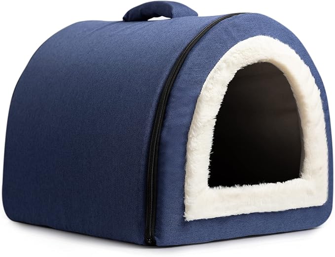 Hollypet Linen Cat Bed, Self-Warming 2 in 1 Foldable Cave House Animal Shape Nest Pet Sleeping Bed, Blue