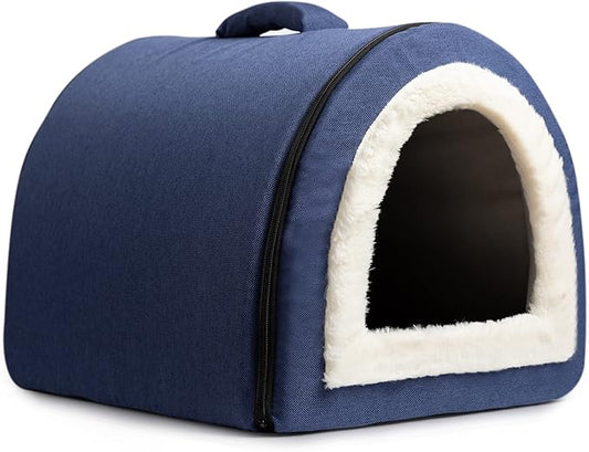 Hollypet Linen Cat Bed, Self-Warming 2 in 1 Foldable Cave House Animal Shape Nest Pet Sleeping Bed, Blue