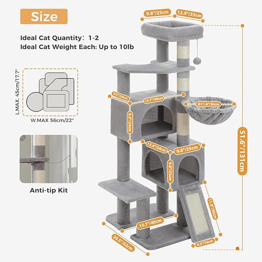 PAWZ Road Cat Tree, 51.6 Inches Cat Tower with Dual Condos, Spacious Perch, Cozy Basket and Sisal-Covered Scratching Posts for Small Cats and Kittens- Gray