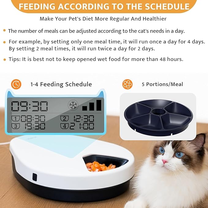 UBPET Cat Wet Food Automatic Feeder with Cooling, Semiconductor Refrigeration, with Timer, 5 Food Compartments for 330g Pet Food Each, Premium Meal Plates, Washable, for Cats