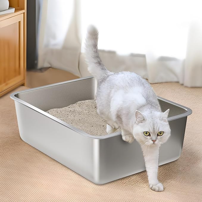 Stainless Steel Litter Box, Medium Metal Litter Box for Cat,Easy Clean Non Stick Easy Entry No Smell Metal Litterbox for Kitty/Rabbits