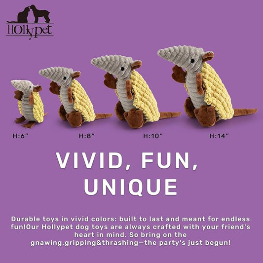 Hollypet Plush Dog Squeaky Toy Stuffed Armadillo Animal Pet Puppy Chew Toys with Clean Teeth for Small Medium Large All Breed Sizes Dogs, Yellow, 8 in