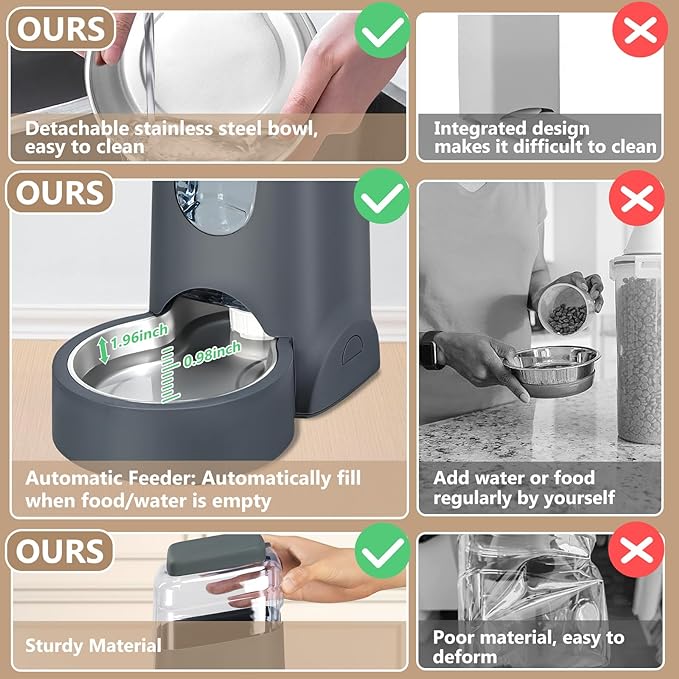 Automatic Cat Feeder and Water Dispenser with Stainless Steel Bowl Dog Gravity Food Feeder and Waterer for Small Medium Pets Puppy Kitten 1 Gallon x 2