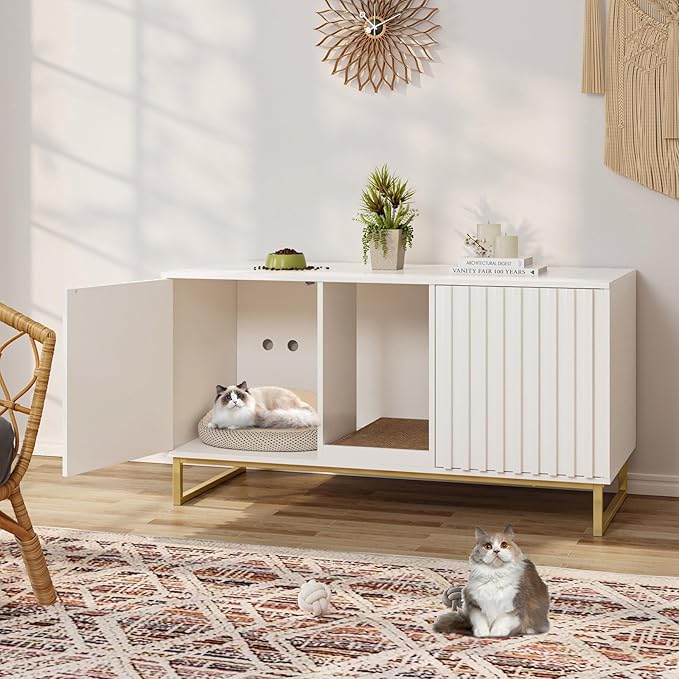 Cat Litter Box Enclosure for 2 Cats, 47.6’’ Litter Box Furniture Hidden with Scratch Pad, Double Room Large Cat Cabinet, Indoor Pet House TV Stand Side Table,Cats Washroom, White