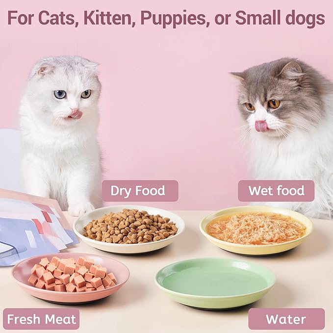 Non-Slip Cat Bowls, Ceramic Cat Food Bowl Set with Silicone Base, Cats Dishes, Cute Plates for Feeding Indoor Cats, Kitten, Small Dogs (Multi4, Shallow)