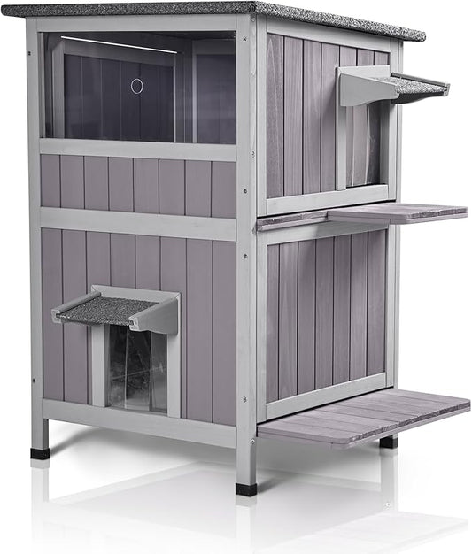 GUTINNEEN Outdoor Cat House Weatheproof Feral Cat Shelter Wooden Cat Condo for Winter with Escape Doors（AIR14）