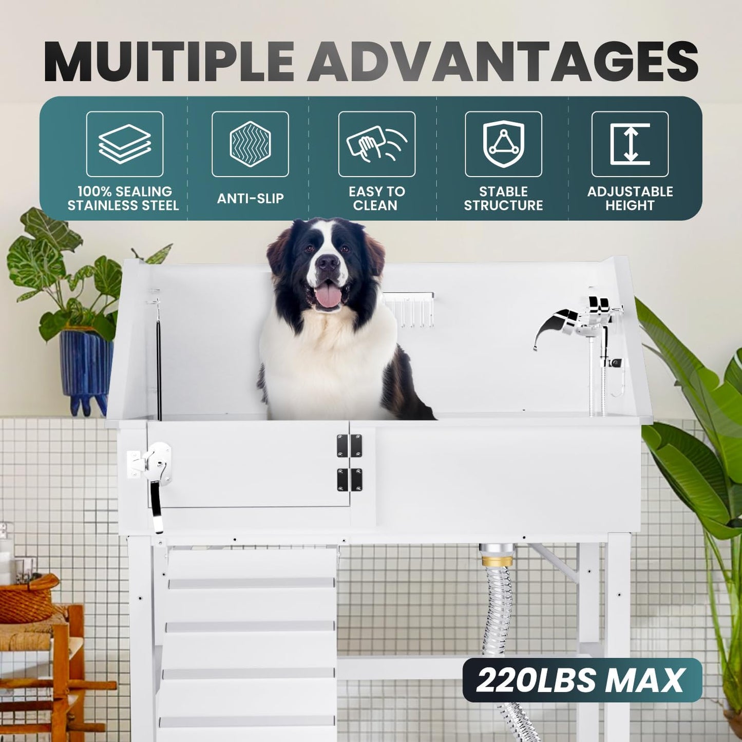 Dog Washing Station for Home, 38" White Professional Stainless Steel Dog Grooming Tub, Height Adjustable Dog Bathing Station, Upgrade Parts, Dog Bath Tubs for Small & Medium Dogs(Left Ramp)