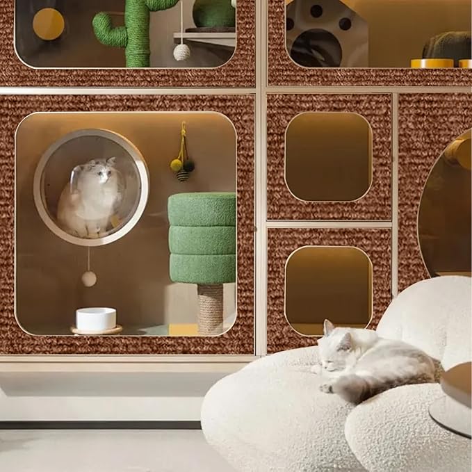 Cat Scratching Mat, Self-Adhesive Cat Scratching Carpet, Trimmable at Scratch Furniture Protector for Cat Tree Shelves, Cat Scratching Post Couch Protector (2PCS, Brown)