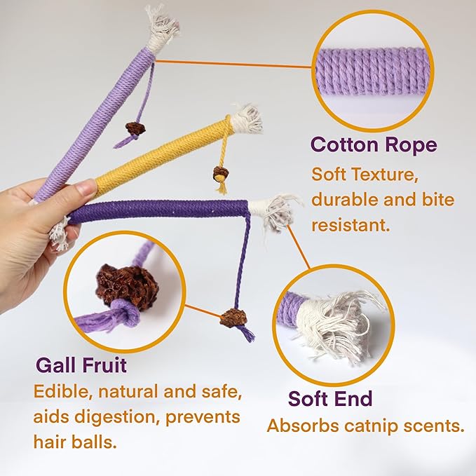 Cat Toys for Indoor Cats, Kitten Toys for Indoor Kittens, Catnip Rope Chew Toys for Teeth Cleaning, Interactive Cat Teething Toy, Kitty Kicker Toy, 3 Pack (Plus 1 Pouch of Catnip)