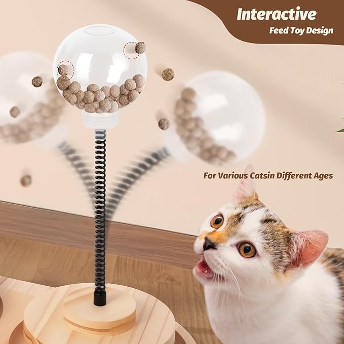 Kitten Scratching Post. 4 in 1 Wooden Cat Scratching Post. Kitten Toys for Indoor Cats with Leaky Food Ball and 2 Sisal Hanging Balls. 15.7" Cat Scratcher with 2 Cat Ball Tracks for Kittens