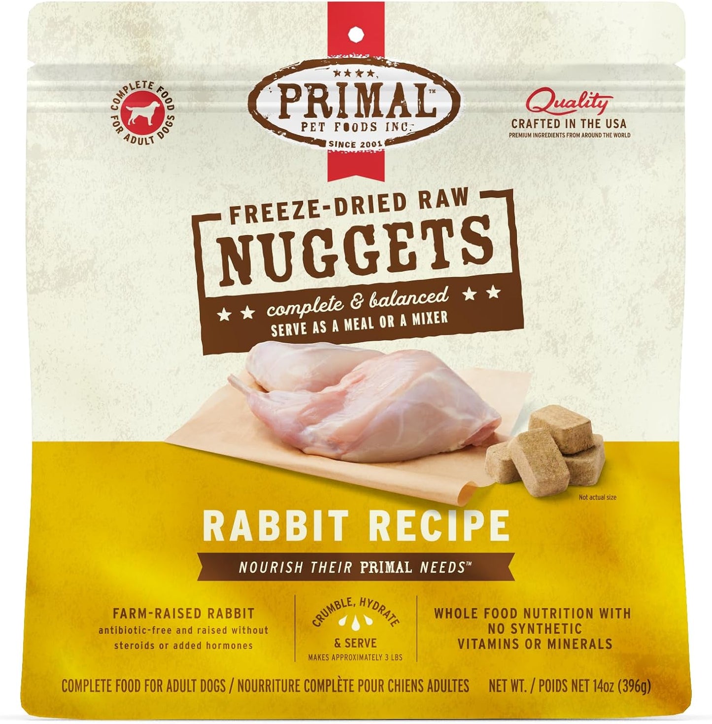 Primal Freeze Dried Raw Dog Food Nuggets, Rabbit, Complete & Balanced Meal, Also Use as Topper or Treat, Premium, Healthy, Grain Free, High Protein Raw Dog Food, 14 oz