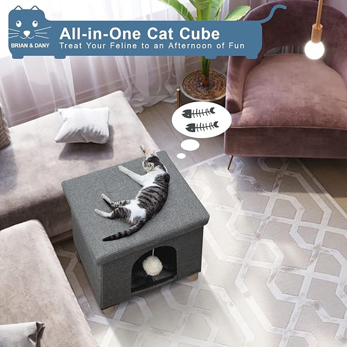 BRIAN & DANY Cat House for Indoor Cats, Cat Cave Bed for Pet, Cat Cube with Cat Scratch Board & Cat Ball,17.7 x 14.8 x 15 inches, Grey