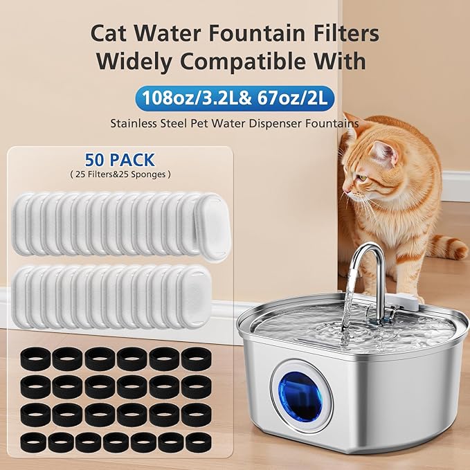 50 Pack Cat Water Fountain Filters for 108/3.2L& 67oz/2L Stainless Steel Pet Water Dispenser Cat/Dog Fountain Filter Replacement(25 Filters & 25 Sponges)