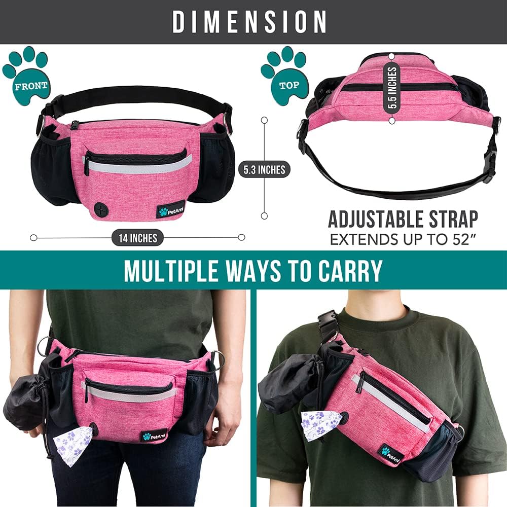 PetAmi Dog Fanny Pack, Treat Pouch for Dog Walking, Training, Built in Poop Bag Dispenser, Water Bottle Holder, Collapsible Bowl, Pet Treat Waist Belt for Hiking, Running, Kibbles (Pink)