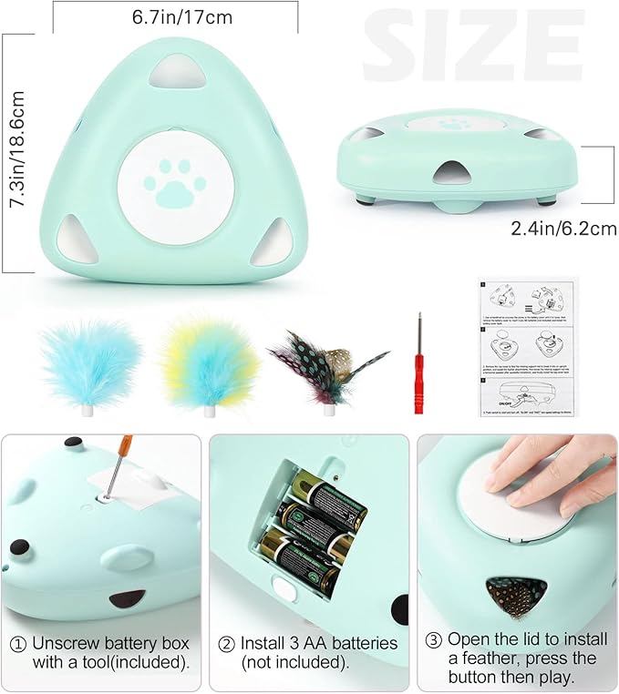Pawaboo Interactive Cat Toys, Automatic Cat Exercise Teaser Toy with 3 Replacement Rotating Feathers, Automatic Electronic Rotating Teaser Kitten Toy for Indoor Cats, Kitty, Pet - Lake Blue