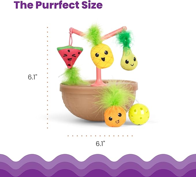 Catstages Hunt N' Wobble Fruit Bowl Wobbling Cat Toy with Five Catnip Toys, Jingle Ball, and Flingers, Multicolored