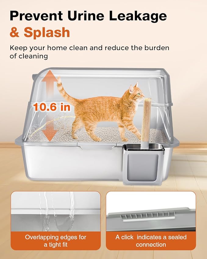 Stainless Steel Litter Box with Lid - Extra Large Cat Litter Boxes for Big Cats with Mat & Scoop - Anti-Leakage, Odor-Proof, High-Sided, Non-Stick＆ Easy to Clean - Ideal for Multi-Cat Homes - Gray