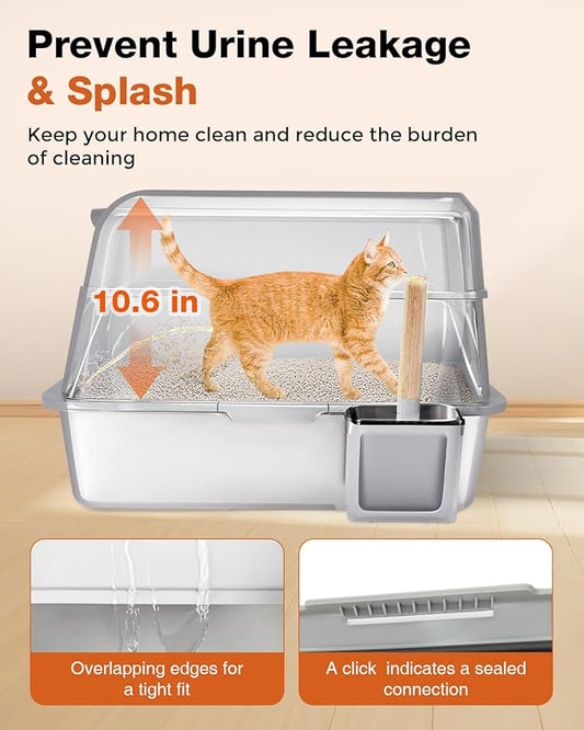 Stainless Steel Litter Box with Lid - Extra Large Cat Litter Boxes for Big Cats with Mat & Scoop - Anti-Leakage, Odor-Proof, High-Sided, Non-Stick＆ Easy to Clean - Ideal for Multi-Cat Homes - Gray