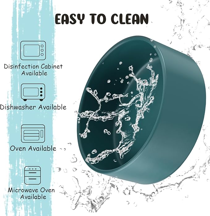 SPUNKYJUNKY 15° Slanted Ceramic Dog and Cat Bowl with Wooden Stand, Tilted Bulldog Food and Water Bowl No Slip Non-Spill for Cats Medium Dogs Big Face Pets 13.5 OZ (1.7 Cups, Green × 2)