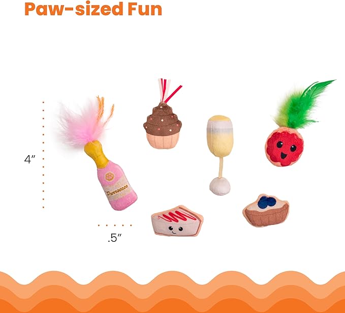 Catstages Purrsecco & Cupcakes Cat Toys, 6-Pack Catnip Toys with Feathers, Crinkle & Mesh, Multicolored