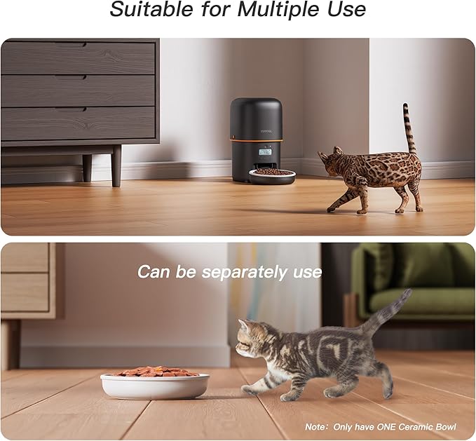 Automatic Cat Feeder - 2L Cat Food Dispenser, Timed Auto Pet Feeder with 180-day Battery Life, 1-6 Meals Per Day, 1-16 Portion, Ceramic Bowl, Desiccant Bag Keeps Dry Food Fresh, Also for Small Dogs