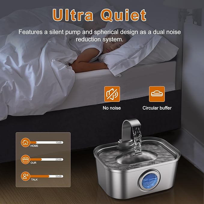 Bobo&Dragon Automatic Stainless Steel Cat Water Fountain for Cats & Dogs 124oz/3.5L - Quiet Water Dispenser Bowl with Pump, Fresh Filtered Hydration, Easy Clean, Leak-Proof Design for Indoor