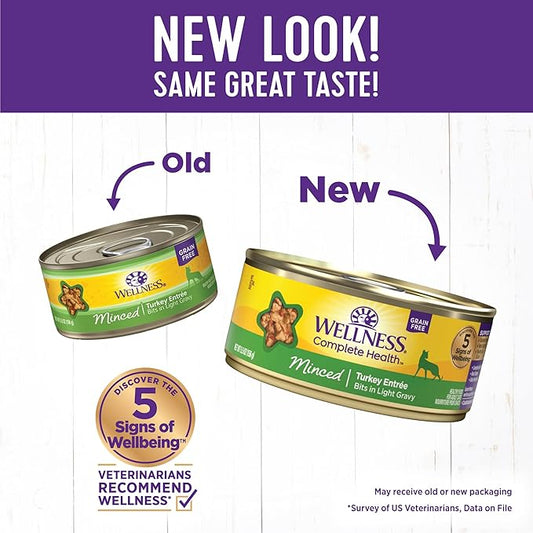 Wellness Complete Health Minced Adult Wet Cat Food, Natural, Protein-Rich, Grain Free, 5.5 Ounce, 24 Pack, (Turkey Entrée)