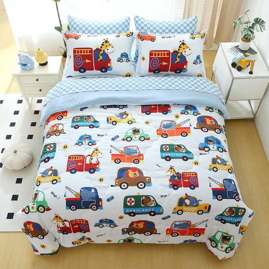 Kids Cars Animal Comforter Set Full Size for Boys Girls Teens 7 Piece Cartoon Construction Fire Truck Excavator Police Ambulance Lion Cat Dog Elephant Bedding Set Bed in A Bag,Colourful