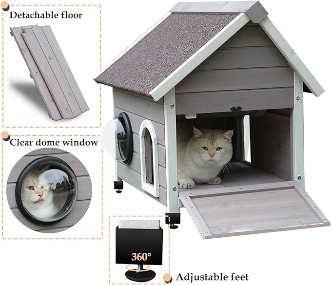 Rockever Outdoor Cat House, Feral Cat House Outdoor Weatherproof with Escape Door and Clear Windows for 2 Cats (Grey)