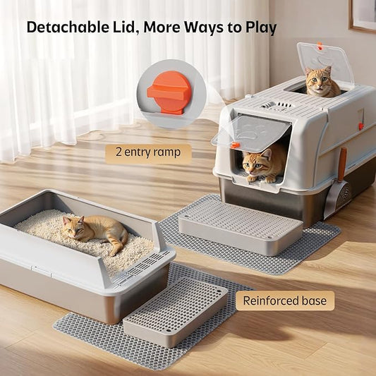 2 Pack Stainless Steel Cat Litter Box, Semi-Enclosed + Fully Enclosed Non-Odor Litter Box with Litter Scoop and Litter Mat (Non-Sticky, Easy to Clean, Anti-Urine Leakage)
