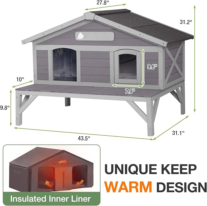 Outdoor Cat House with Insulated Liner and Elevated Design, Weatherproof Feral Cat Shelter with Escape Doors for Winter, Wooden Kitten Home Indoor