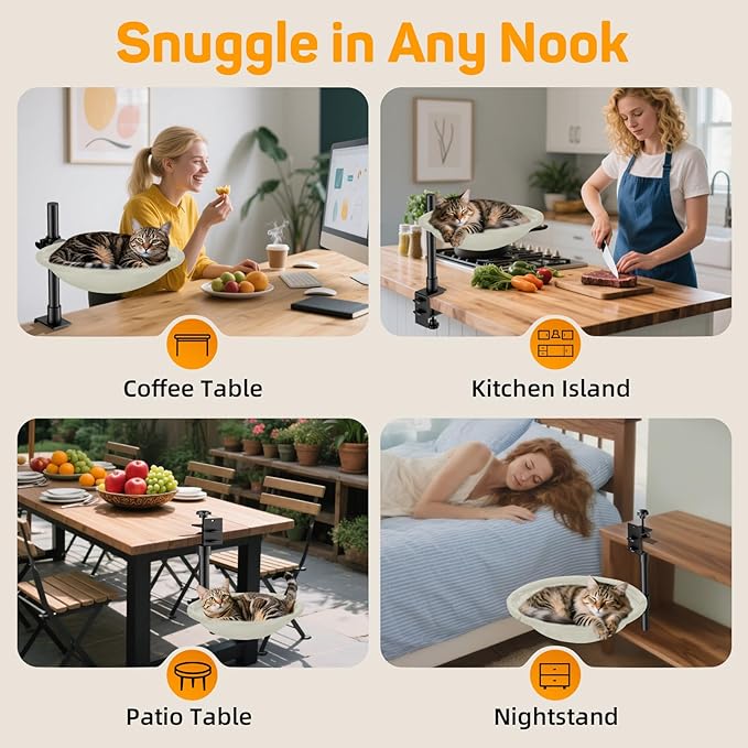 Cat Desk Bed & Perch - Breathable Soft Mesh Cat Hammock Nest for Home Office Desk, 360° Flexible Adjustable, Holds Up to 61 lbs for Gaming/Study Table (Beige)